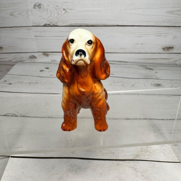 Vintage Ceramic Cocker Spaniel Dog Figurine Brown White Glazed 5" Collectible - Picture 7 of 9